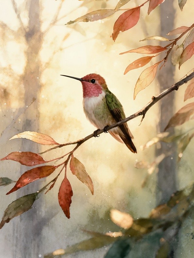 Colibri au repos, illustration aquarelle douce
